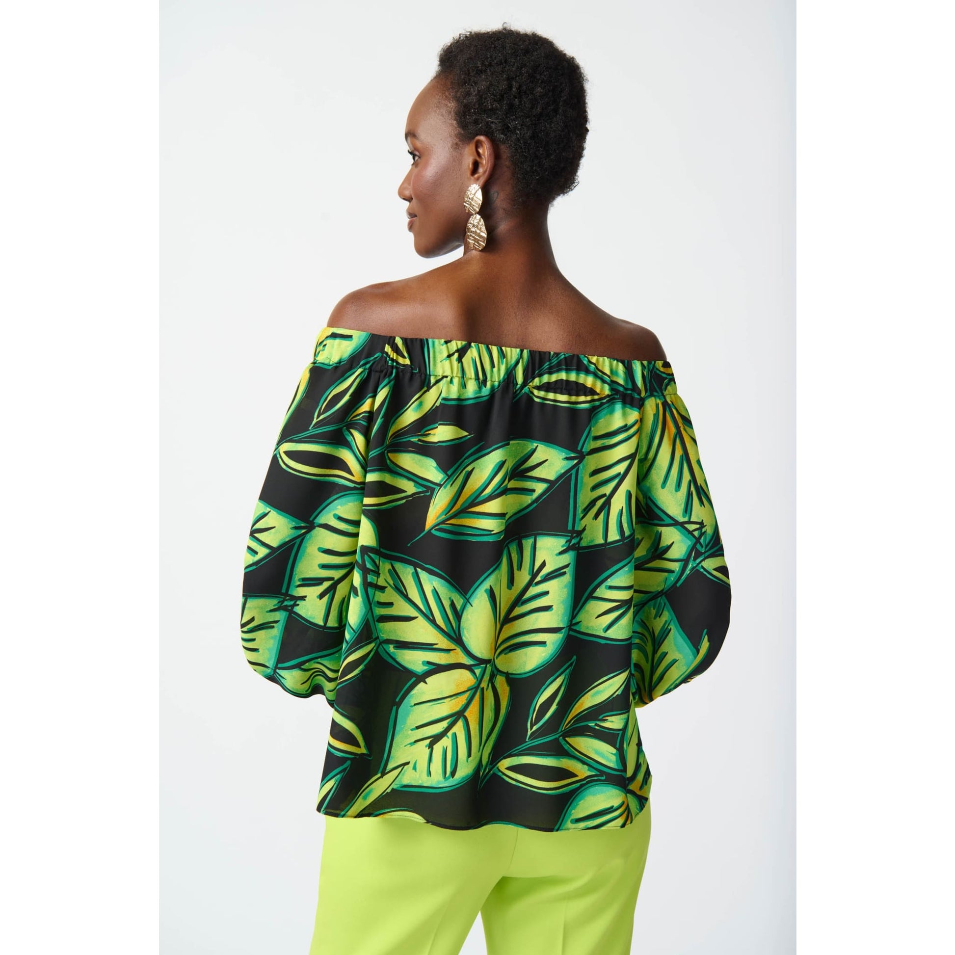 Joseph Ribkoff - 241277 LEAF PRINTED GEORGETTE OFF-THE-SHOULDER TOP - Tops