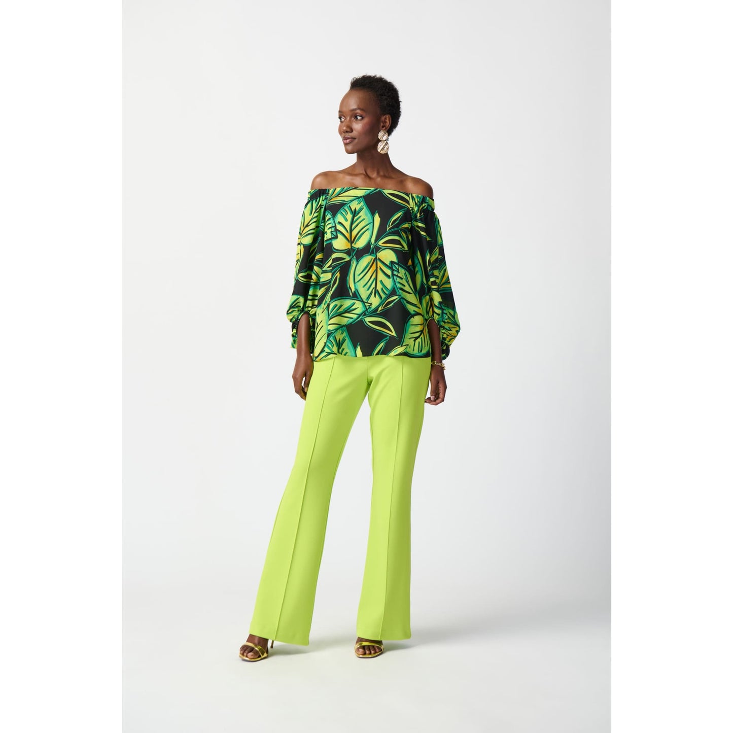 Joseph Ribkoff - 241277 LEAF PRINTED GEORGETTE OFF-THE-SHOULDER TOP - Tops