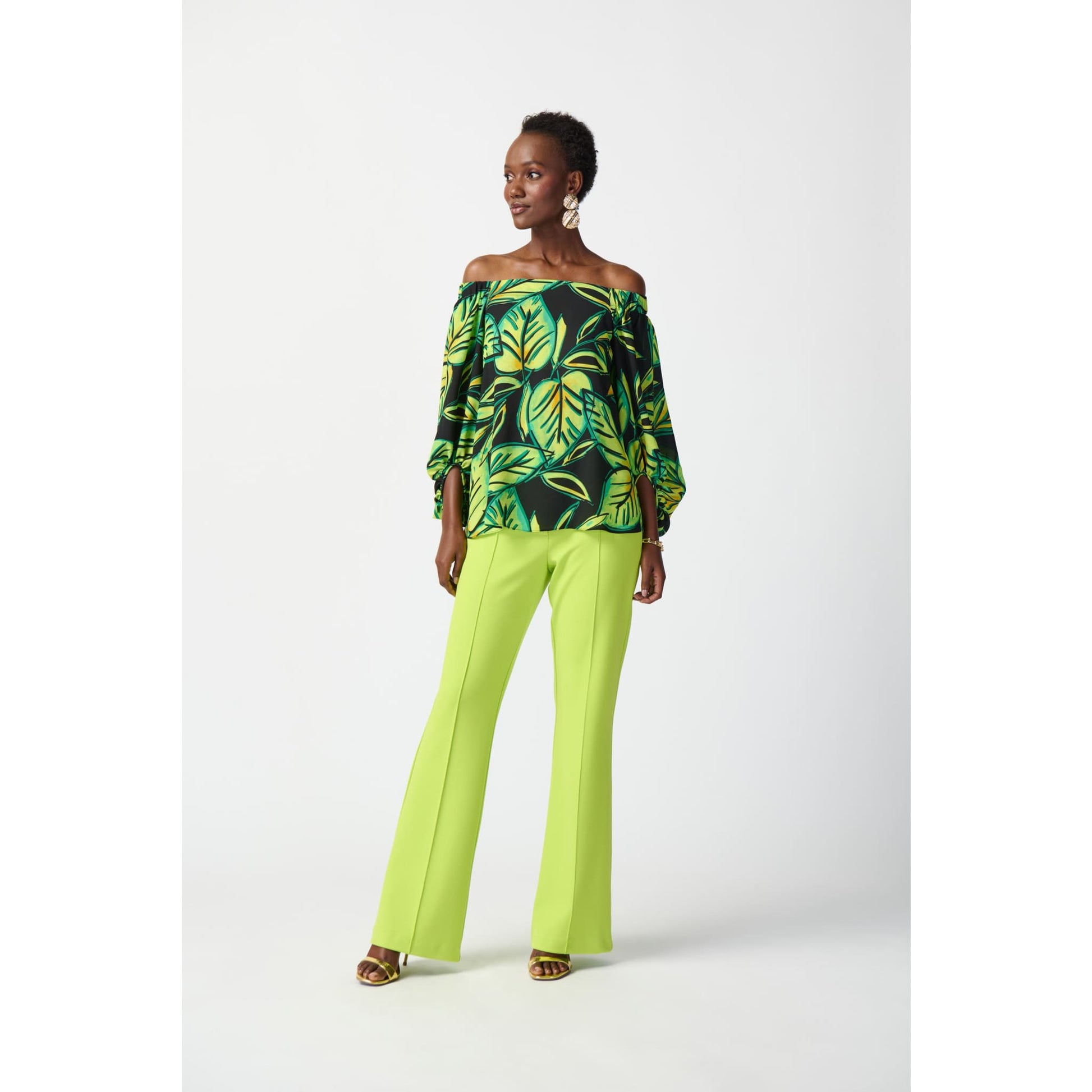 Joseph Ribkoff - 241277 LEAF PRINTED GEORGETTE OFF-THE-SHOULDER TOP - Tops
