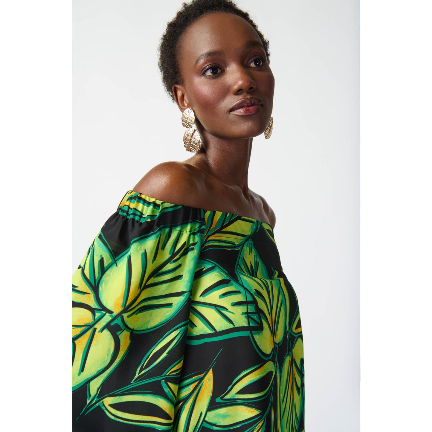 Joseph Ribkoff - 241277 LEAF PRINTED GEORGETTE OFF-THE-SHOULDER TOP - Tops