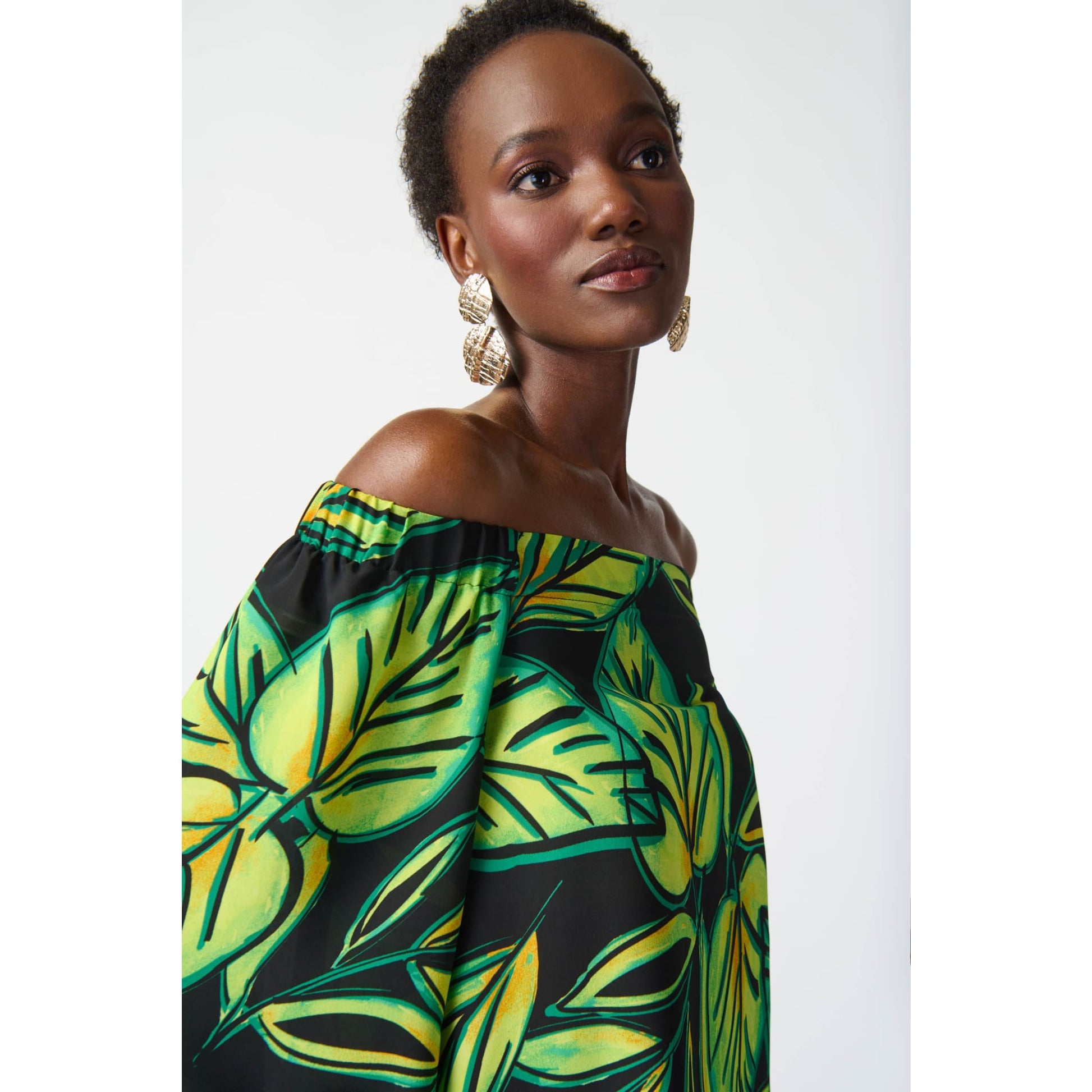 Joseph Ribkoff - 241277 LEAF PRINTED GEORGETTE OFF-THE-SHOULDER TOP - Tops