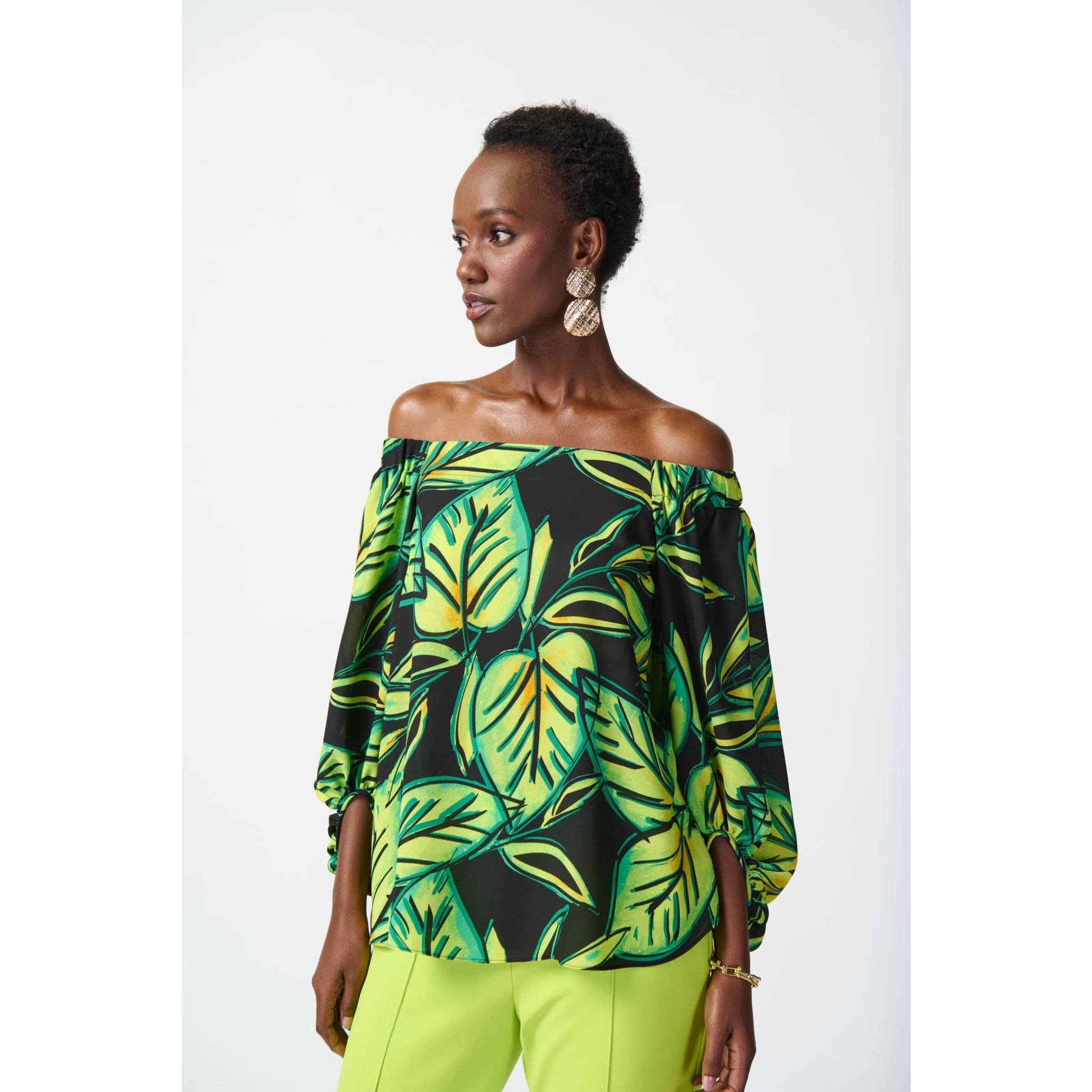 Joseph Ribkoff - 241277 LEAF PRINTED GEORGETTE OFF-THE-SHOULDER TOP - Tops