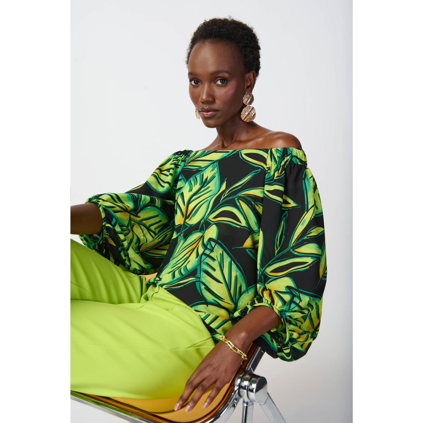 Joseph Ribkoff - 241277 LEAF PRINTED GEORGETTE OFF-THE-SHOULDER TOP - Tops