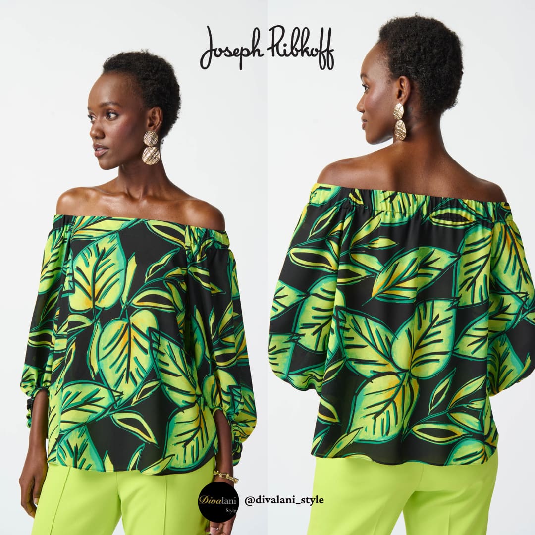 Joseph Ribkoff - 241277 LEAF PRINTED GEORGETTE OFF-THE-SHOULDER TOP - Tops