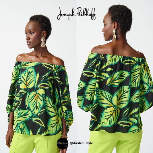 Joseph Ribkoff - 241277 LEAF PRINTED GEORGETTE OFF-THE-SHOULDER TOP - Tops