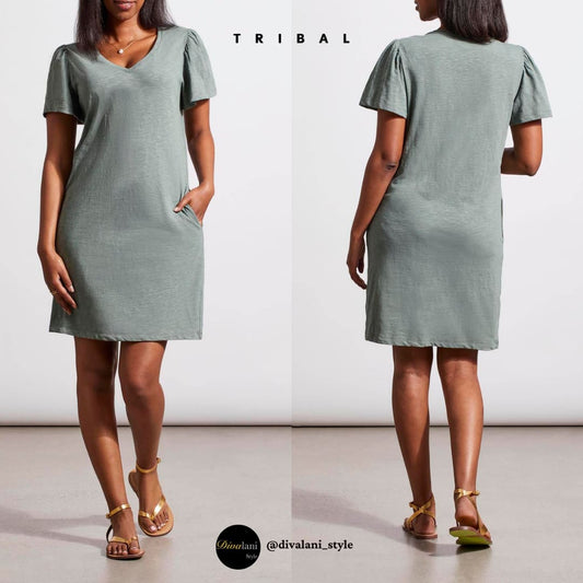 Tribal - 1658O-3223 FLUTTER SLEEVE V-NECK DRESS