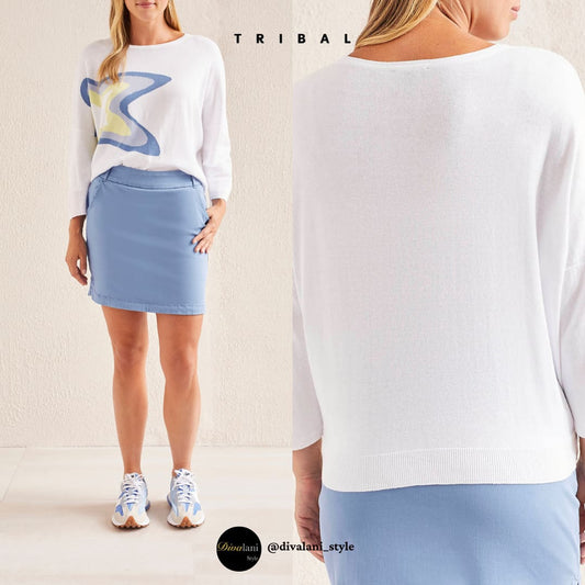Tribal - 1693O-6018 3/4 SLEEVE SCOOP NECK SWEATER WITH STAR INTARSIA Tops