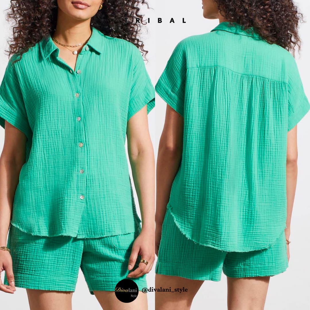 Tribal - 5345O-4555 SHORT SLEEVE SHIRT WITH RAW EDGE HEM Tops