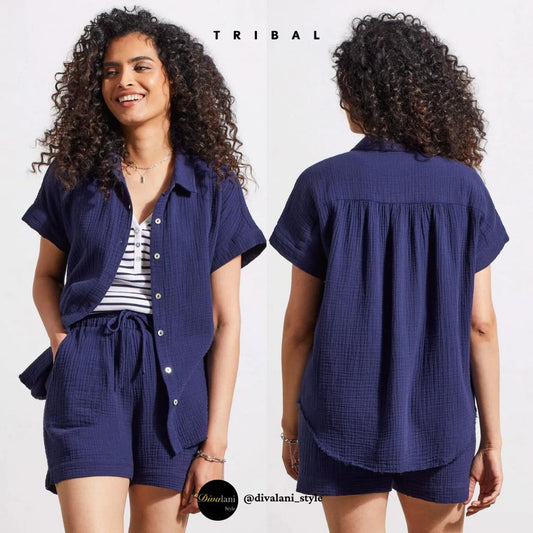 Tribal - 5345O-4555 SHORT SLEEVE SHIRT WITH RAW EDGE HEM Tops
