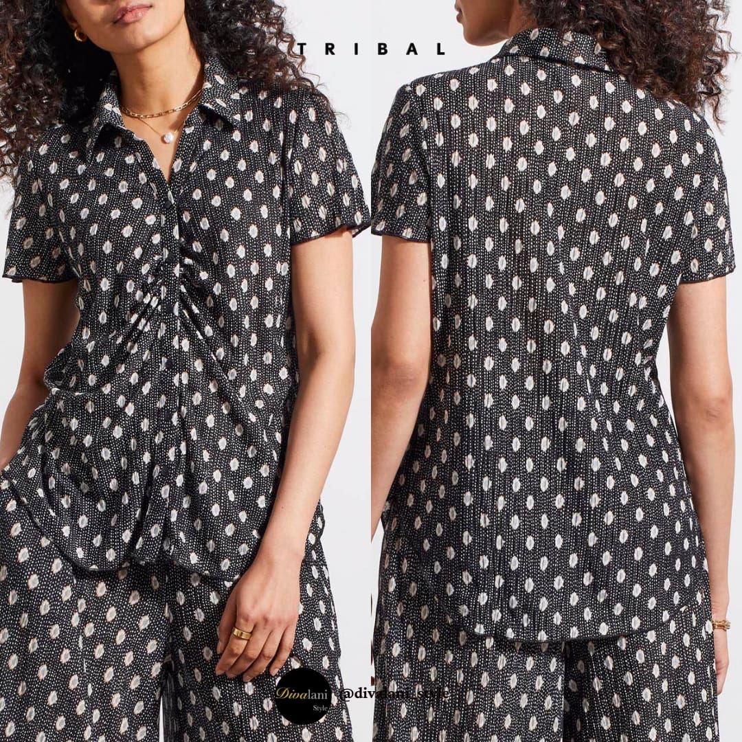 Tribal - 5368O - 4927 SHORT SLEEVE BUTTON DOWN KNIT SHIRT WITH SHIRRING DETAIL Tops
