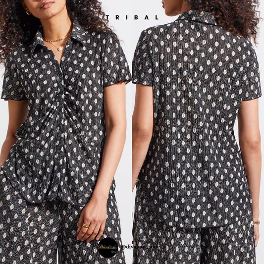 Tribal - 5368O - 4927 SHORT SLEEVE BUTTON DOWN KNIT SHIRT WITH SHIRRING DETAIL Tops