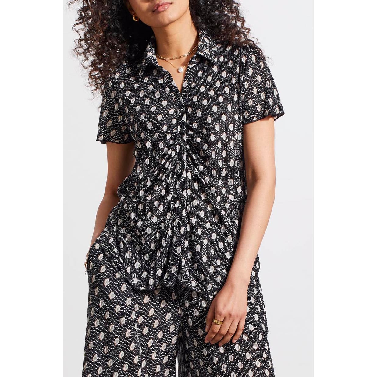 Tribal - 5368O - 4927 SHORT SLEEVE BUTTON DOWN KNIT SHIRT WITH SHIRRING DETAIL Tops