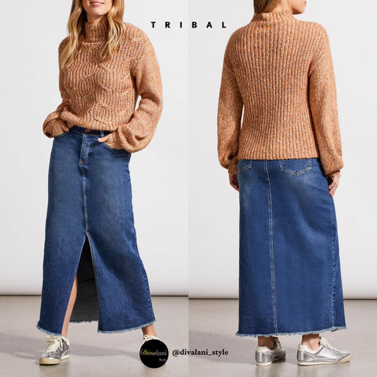 Tribal - 5583O-4846 FUNNEL NECK OVERSIZE SWEATER IN ALMOND - Jackets and Coats
