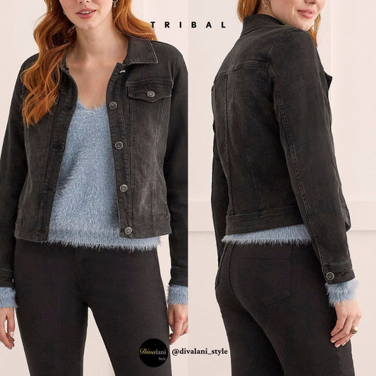 Tribal - 7927O-292 FANCY DENIM JACKET W/ REM. - DUSTY BLACK - Jackets and Coats