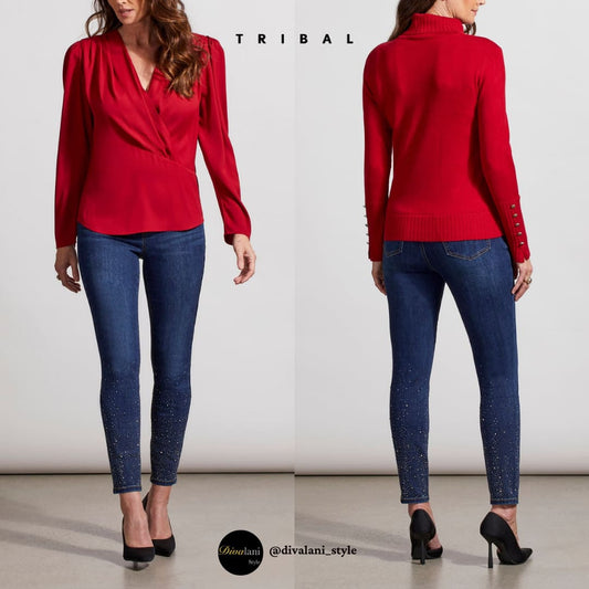 Tribal - 7939O-2020 AUDREY PULL ON SKINNY W/RHINESTONES-DEEP SKY - Pants