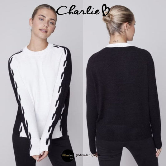 Charlie B - C2523-974A Color Block Knit Sweater - Tops