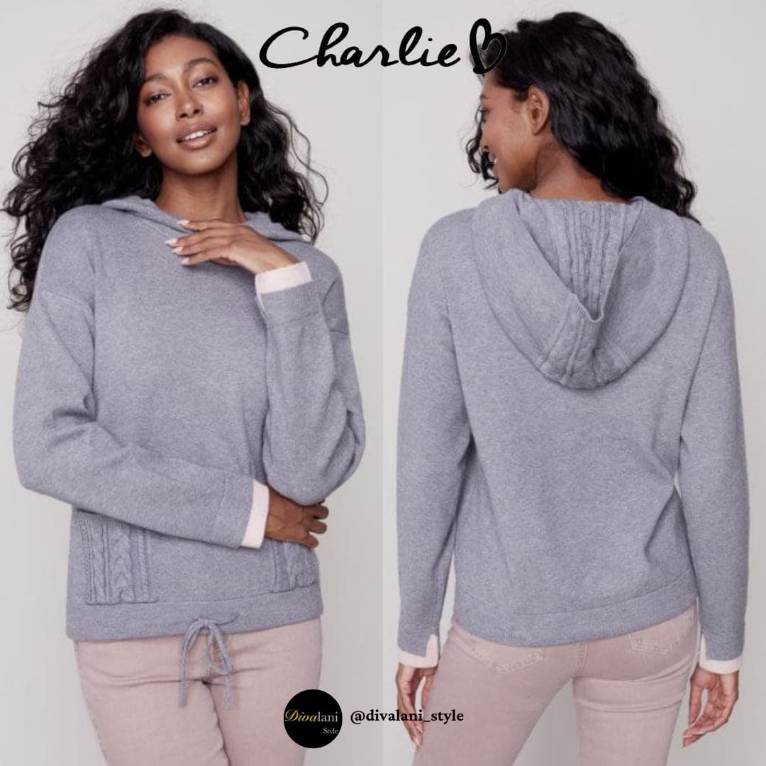 Charlie B - C2549-464A Hoodie Sweater With Contrast Cuff And Cable H Grey - Jackets and Coats