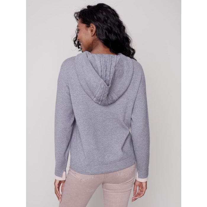 Charlie B - C2549 Hoodie Sweater With Contrast Cuff And Cable H Grey - Jackets and Coats