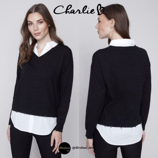 Charlie B - C2568-464A V-Neck Sweater with Shirt Collar - Tops