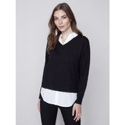 Charlie B - C2568 V-Neck Sweater with Shirt Collar - Tops
