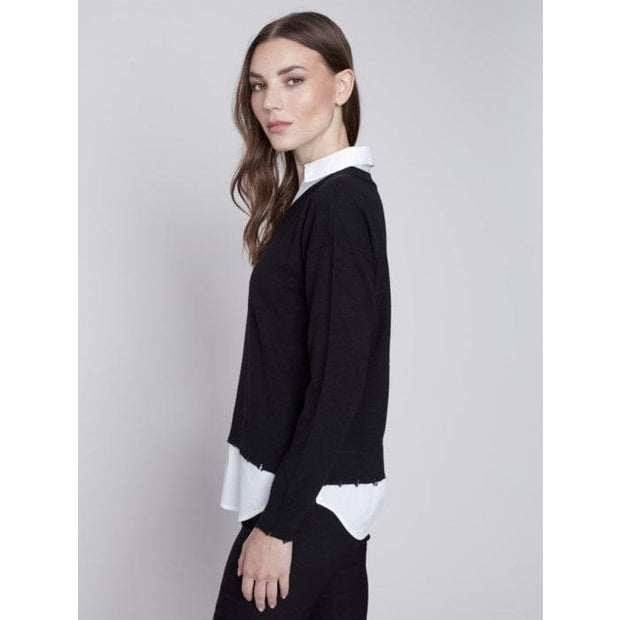 Charlie B - C2568 V-Neck Sweater with Shirt Collar - Tops