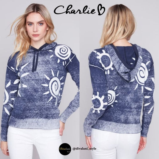 Charlie B - C2616-261B REVERSE PRINTED HOODIE SWEATER Jackets and Coats