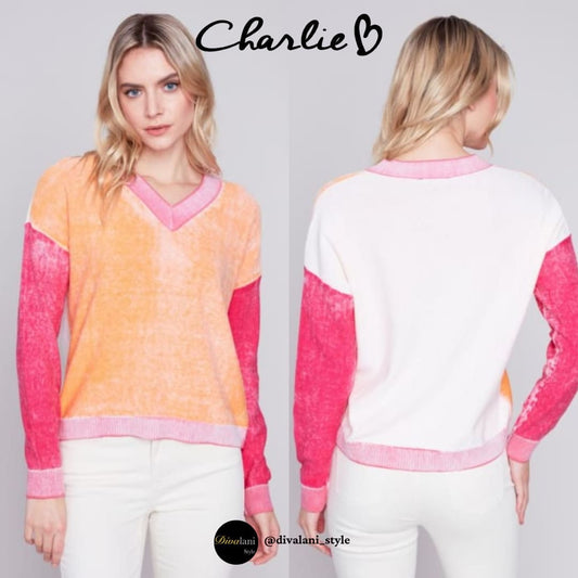 Charlie B - C2628-815B COLOR BLOCK COTTON SWEATER Tops