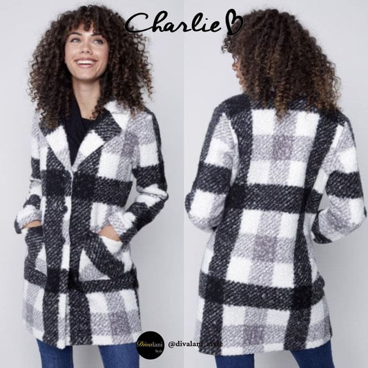 Charlie B - C6141X-707A Plaid Bouclé Knit Coat Black and Cream - Jackets and Coats