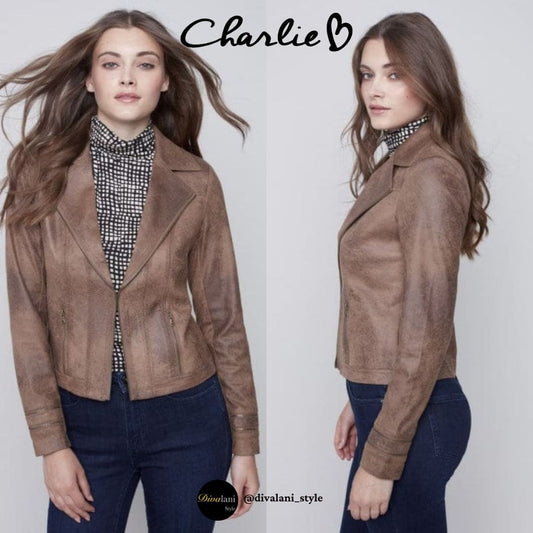 Charlie B - C6231RR-869A Coated Faux Suede Moto Jacket Truffle - Jackets and Coats