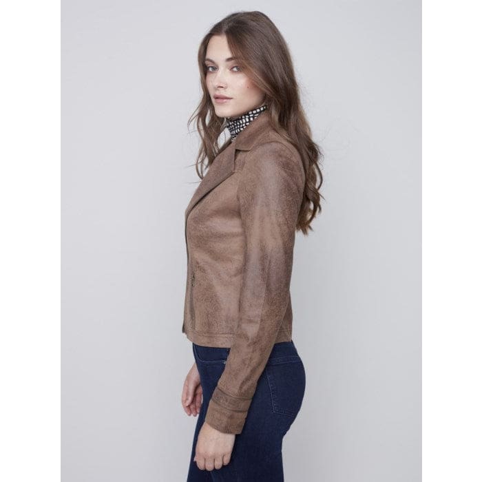 Charlie B - C6231RR Coated Faux Suede Moto Jacket Truffle - Jackets and Coats