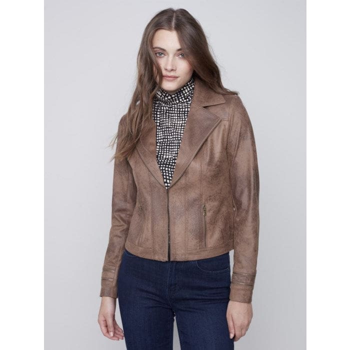 Charlie B - C6231RR Coated Faux Suede Moto Jacket Truffle - Jackets and Coats