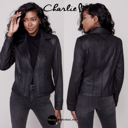 Charlie B - C6231RR-869A Vintage Faux Suede Perfecto Jacket Black - Jackets and Coats