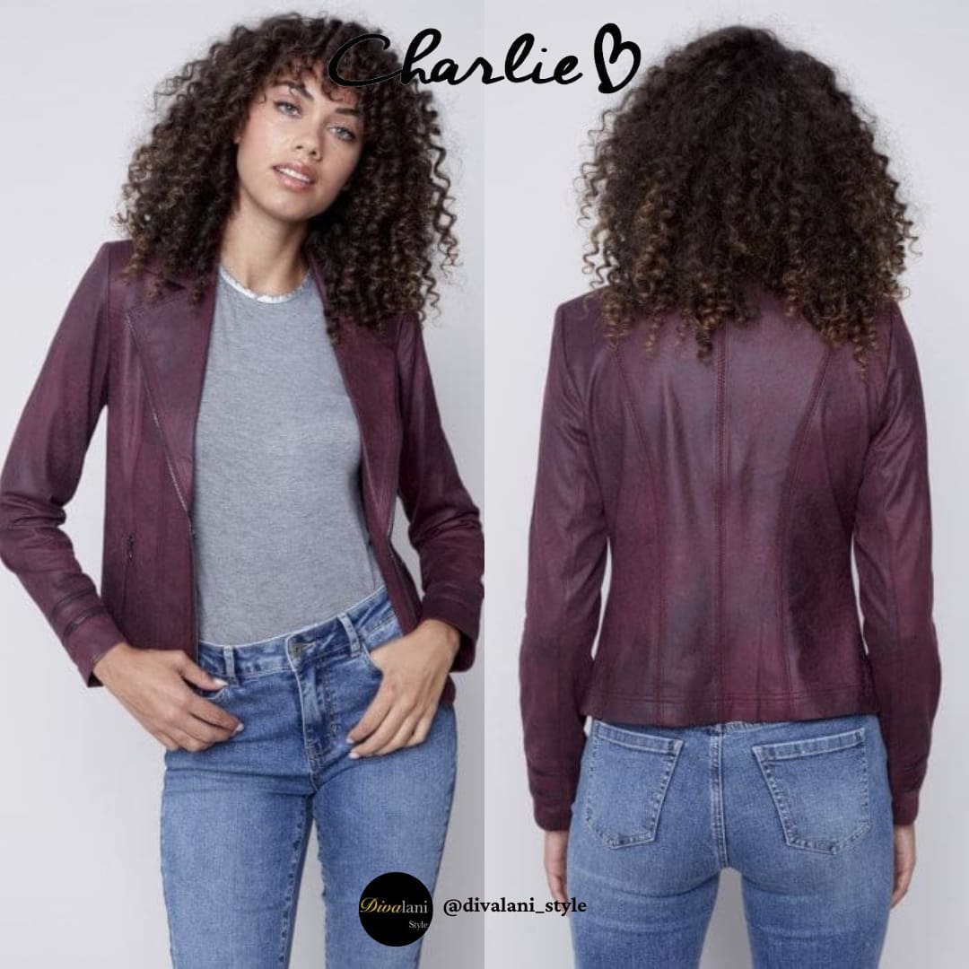 Charlie B - C6231RR-869A Vintage Faux Suede Perfecto Jacket Porto - Jackets and Coats