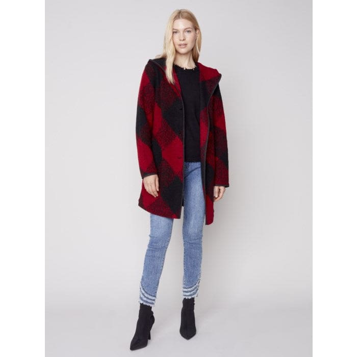 Plaid coat with online shearling hood