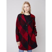 Charlie B - C6267-174B Plaid Boiled Wool Coat with Hood Ruby - Jackets and Coats