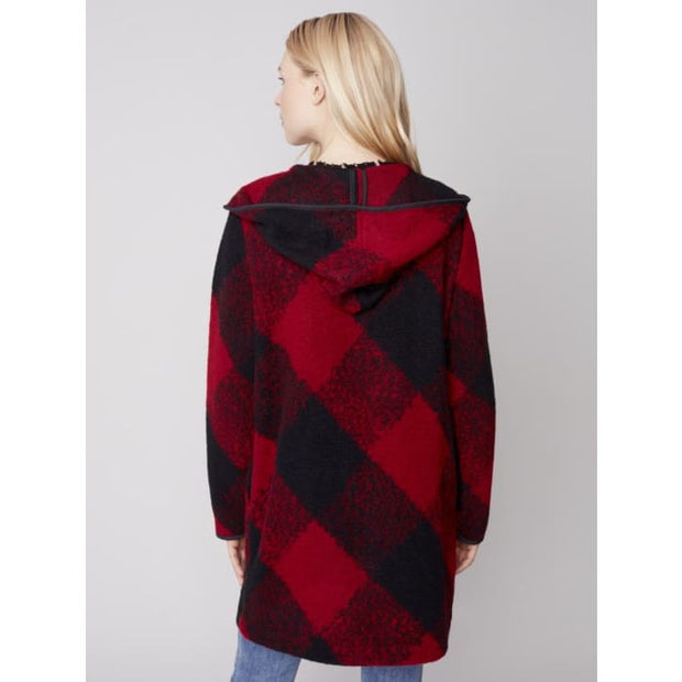 Charlie B - C6267-174B Plaid Boiled Wool Coat with Hood Ruby - Jackets and Coats