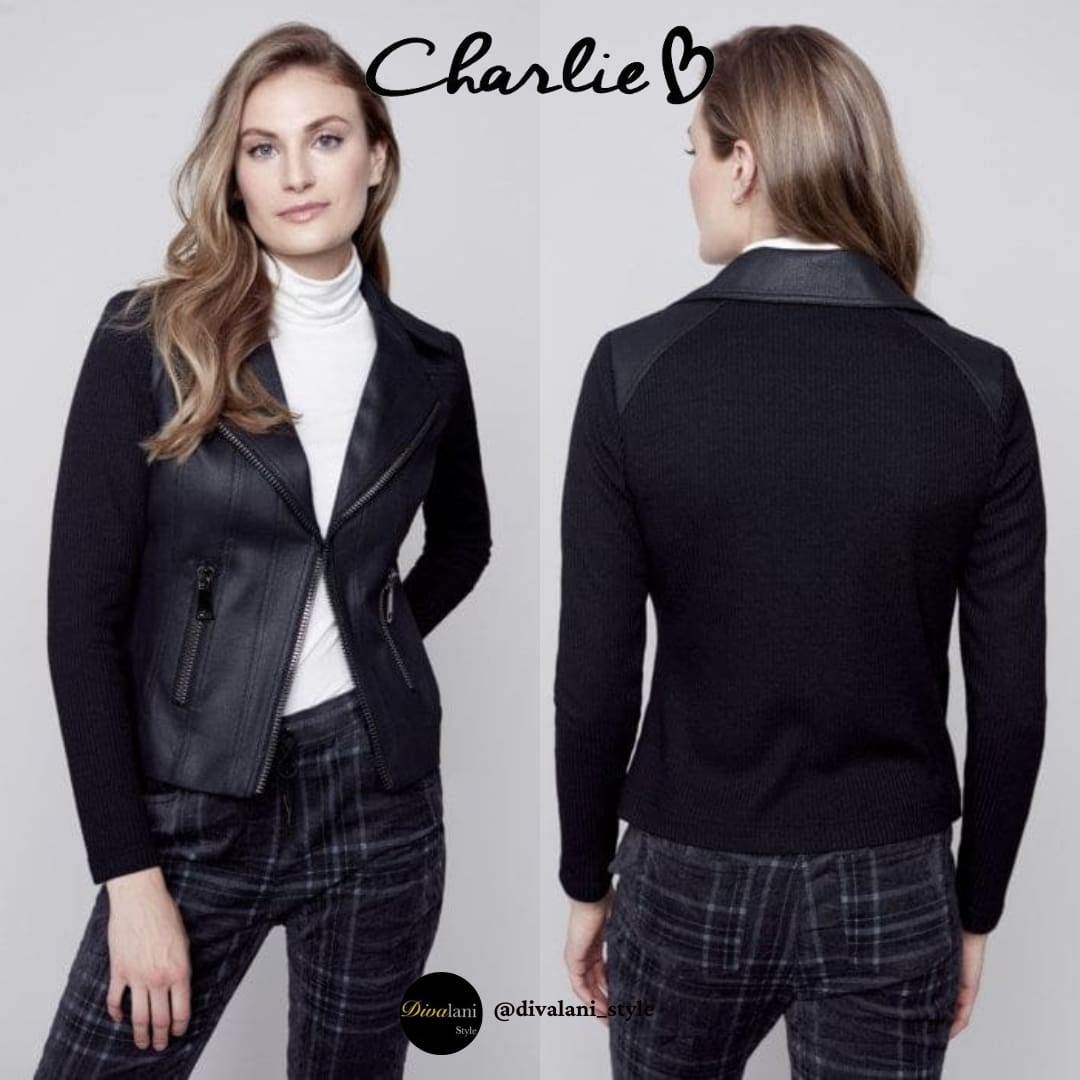 Charlie B - C6273-704B Vintage Faux Leather and Rib Knit Combo Perfecto Jacket Black - Jackets and Coats