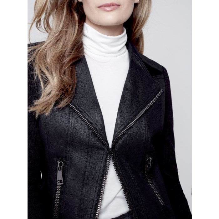 Charlie B - C6273/704B Vintage Faux Leather and Rib Knit Combo Perfecto Jacket Black - Jackets and Coats