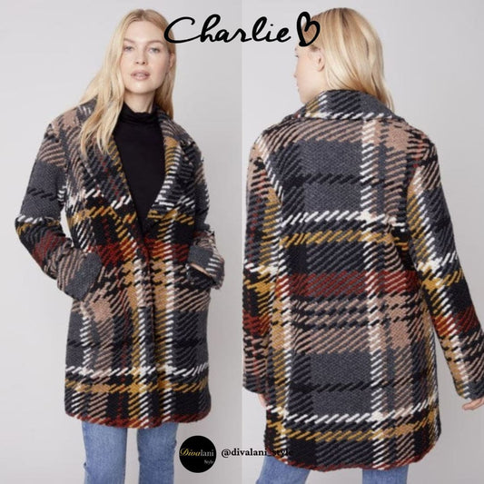 Charlie B - C6276-642B Straight Cut Bouclé Knit Coat - Jackets and Coats