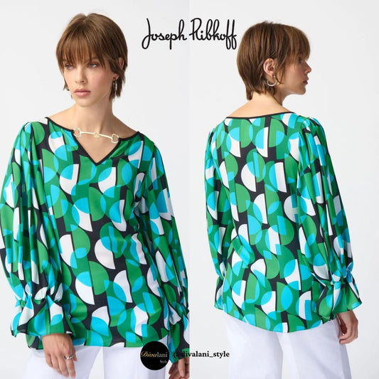 Joseph Ribkoff - 241116 GEOMETRIC PRINT GEORGETTE TOP - Tops