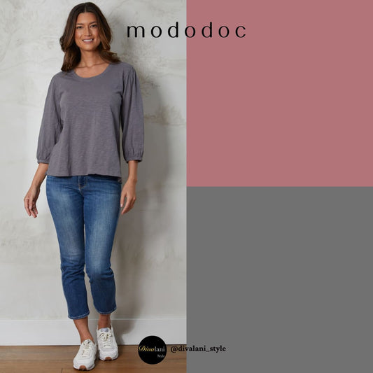 MODODOC - 44D-A2104 3/4 SHIRRED SLEEVES SCOOP NECK TOP - Tops