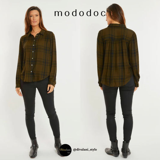 MODODOC - 44E-L3302 SHIRRED LONG SLEEVE BUTTON-UP SHIRT - Tops