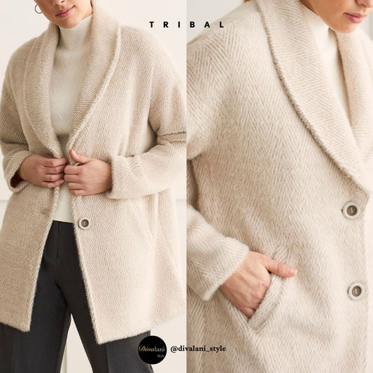 Tribal - 1429O-3781 L/S SHAWL COLLAR COAT-NOMAD - Jackets and Coats