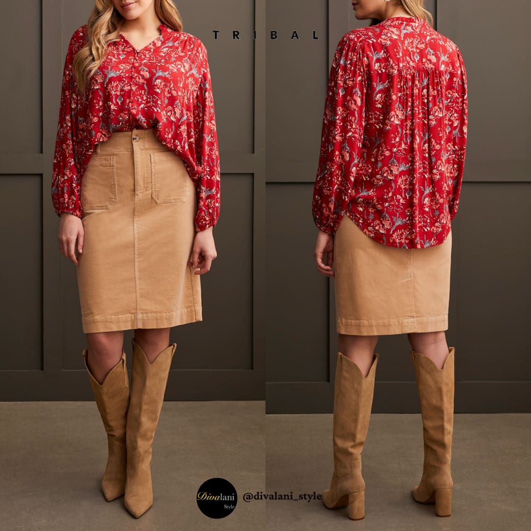 Tribal - 1908O-3999 LONG SLEEVE BUTTON FRONT BLOUSE - Tops