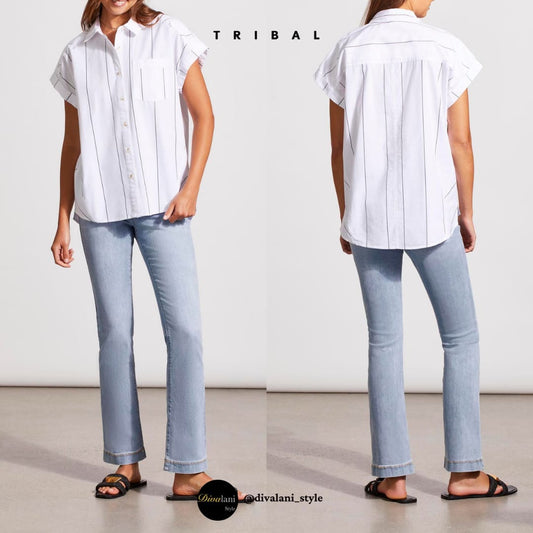 Tribal - 5508O - 4974 CAP SLEEVE SHIRT WITH CUT DETAILS Tops