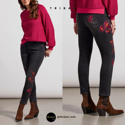 Tribal - 7999O-292 AUDREY EMB. HUGGING SLIM - DUSTY BLACK - Pants