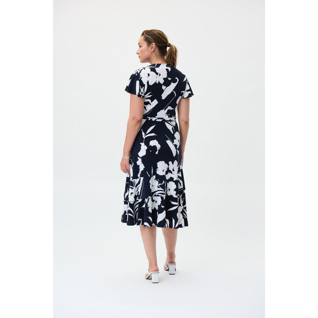 Joseph Ribkoff - 231047 Floral Print Ruffled Wrap Dress Midnight/Vanilla - Dresses