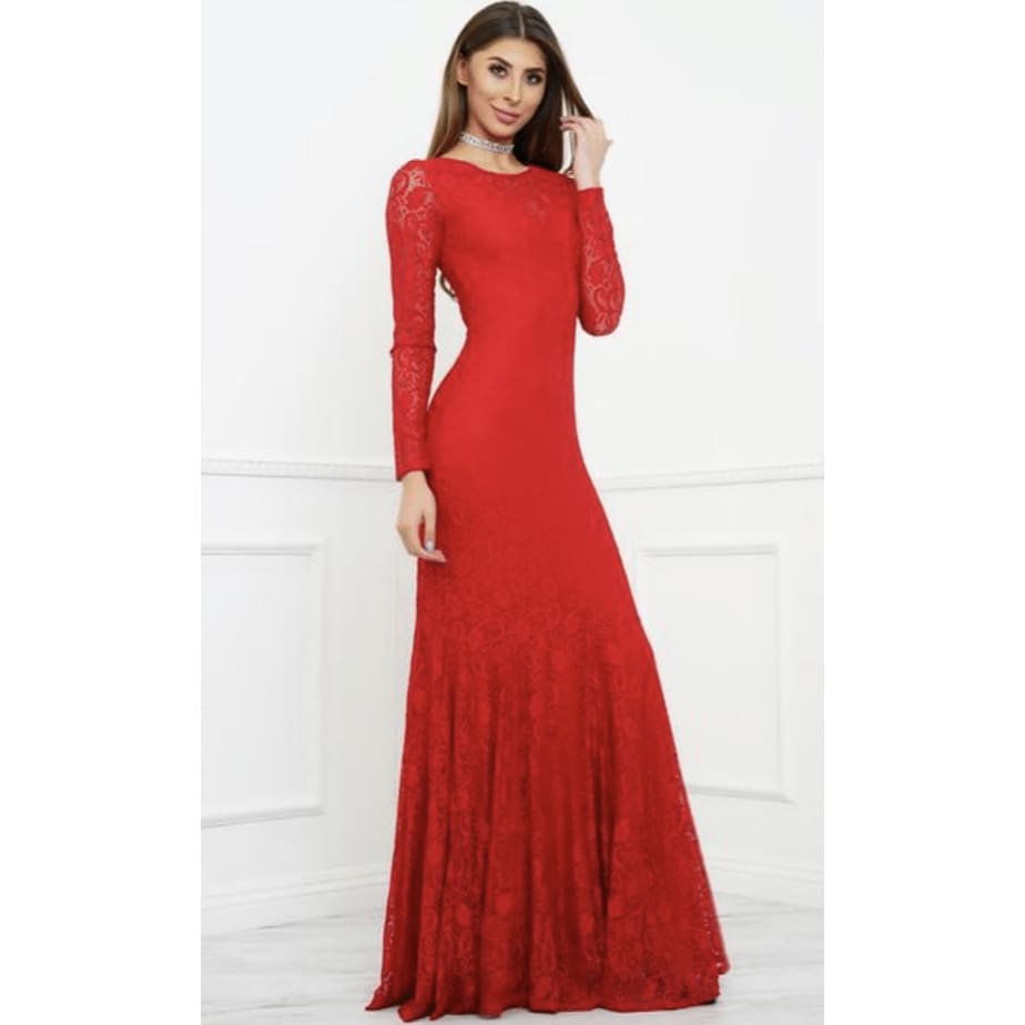 POSH Couture - Red Italian Lace Gown - Dress - 1026-1